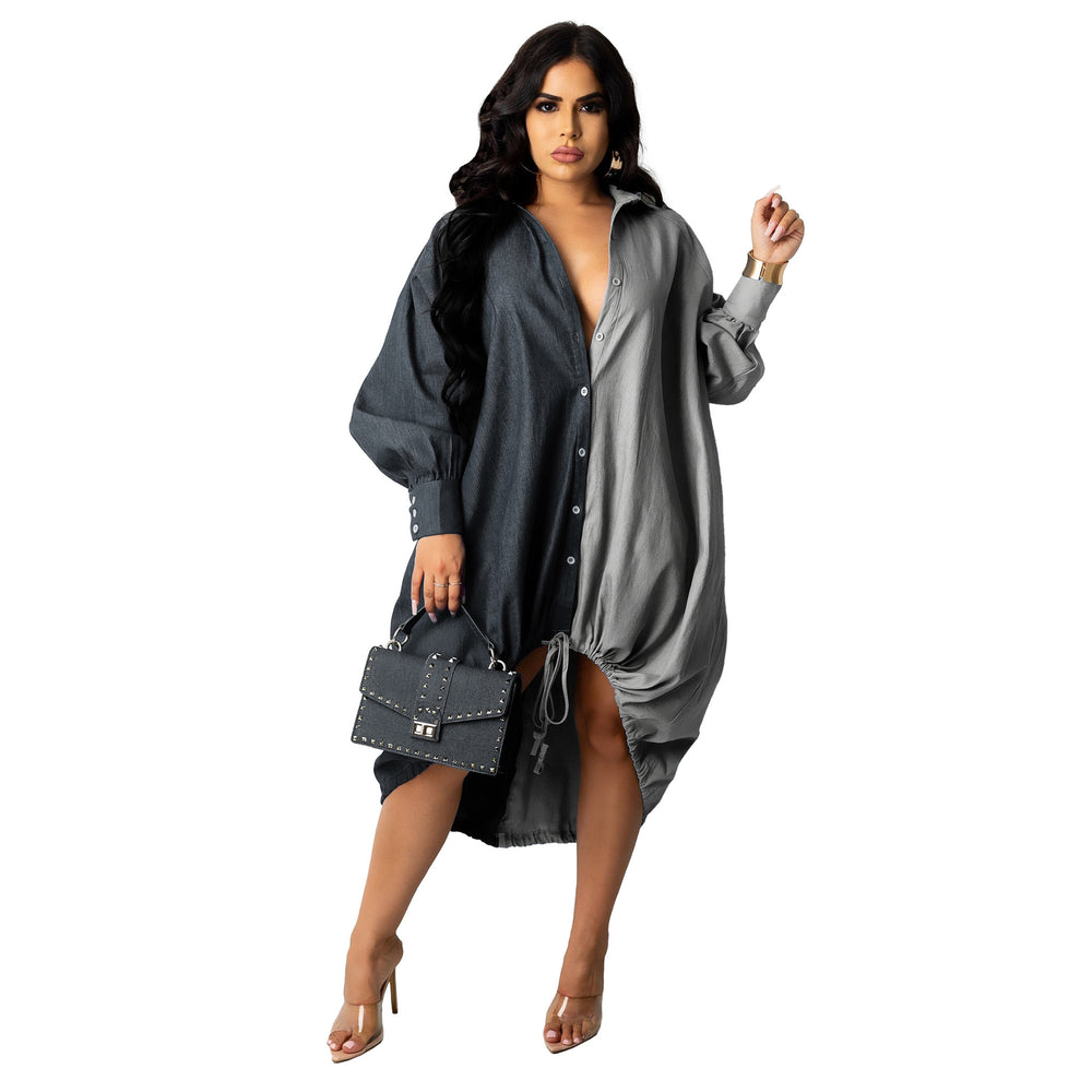 fall/winter hot seller: women's fashion oversized denim shirt dress with asymmetrical color blocking