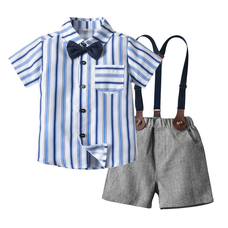 Wholesale children's spring/summer fashion set: trendy blue striped short-sleeve shirt and overalls two-piece outfit