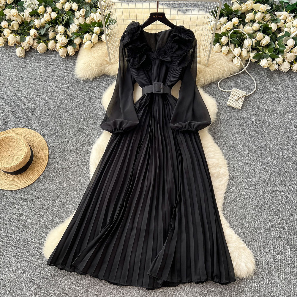 Frenchretrostereo flower lantern sleeve waist pleateddress women 2025new arrivalslimming lookelegant long skirt