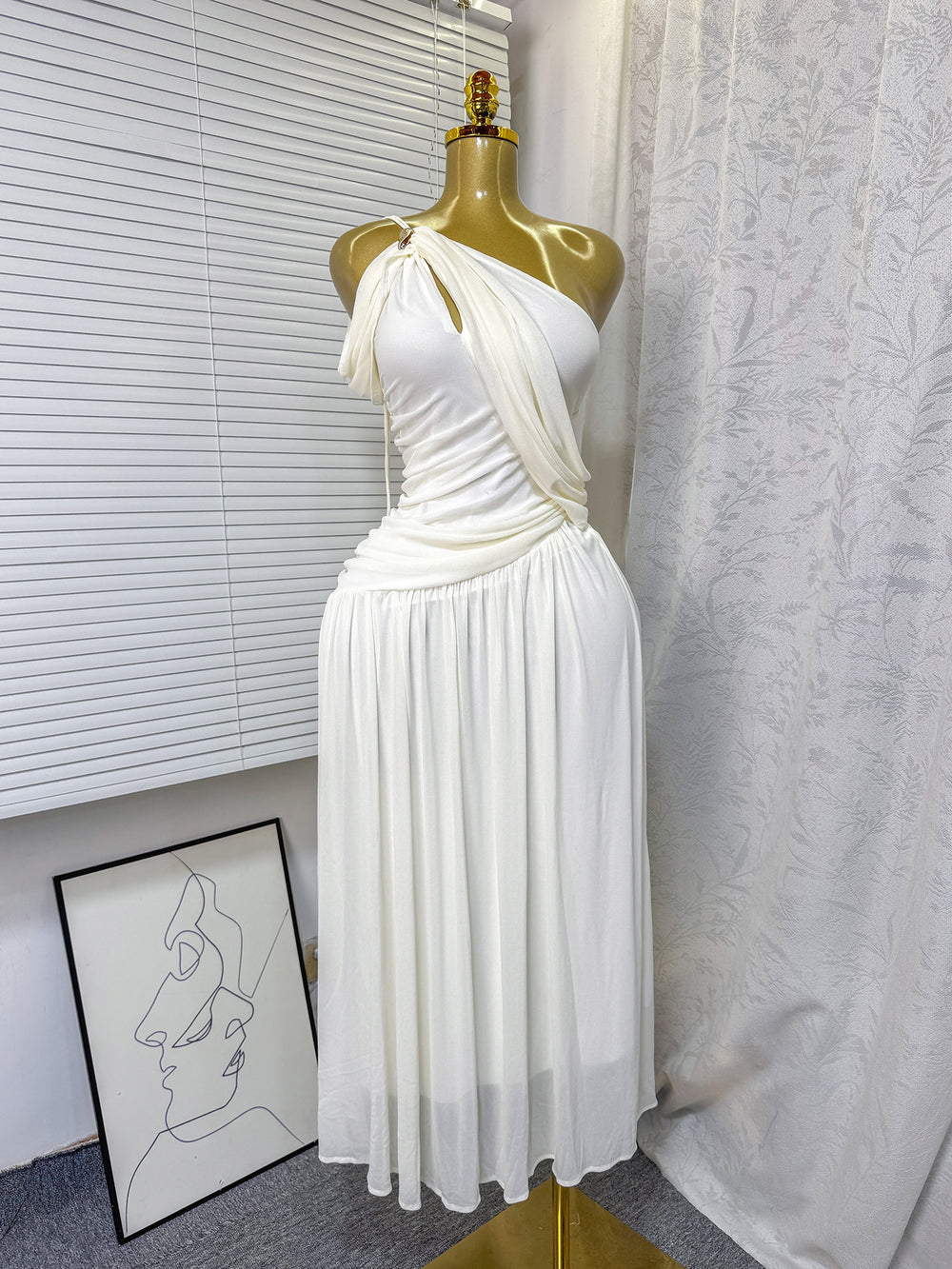 fashionsummer oblique shoulder twist-off shoulder sense of design long skirt sexy dress long skirt