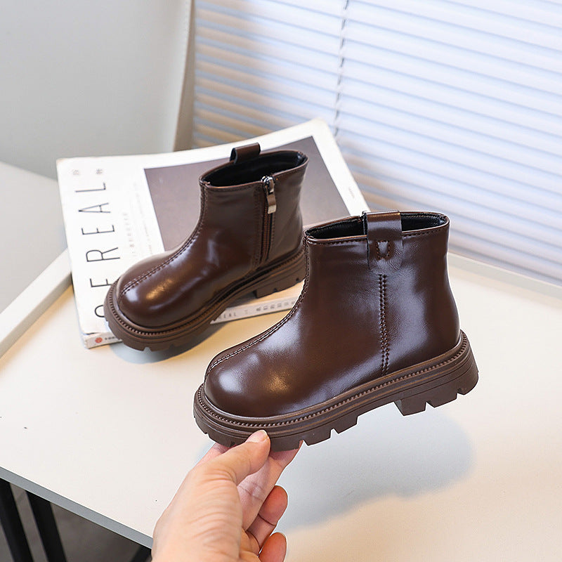 Girls' fashion boots: new autumn/winter  korean style children's british-inspired martin boots, double-layer cotton brown slim-fit leather boots