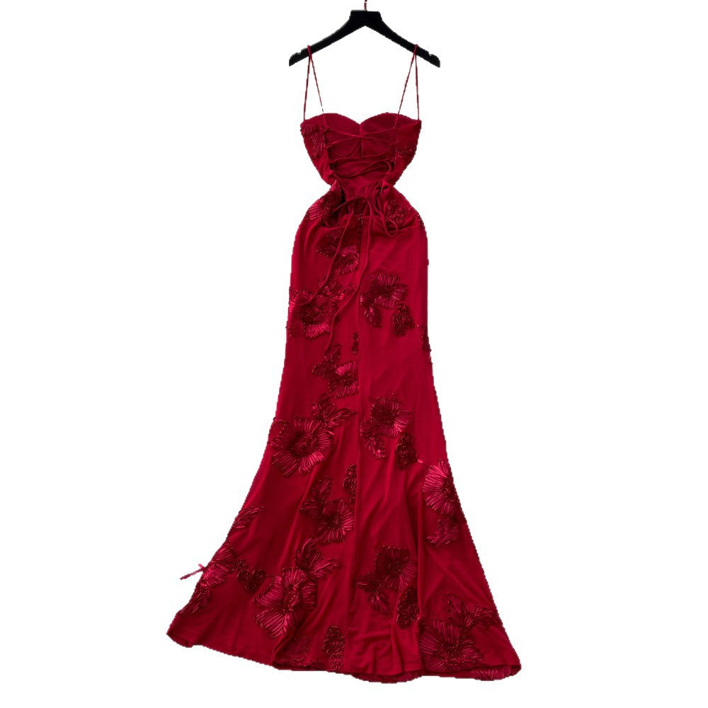 Red evening gown - women's french chic, luxurious, elegant, heavily embroidered, slimming, figure-flattering, suspender, bodycon dress