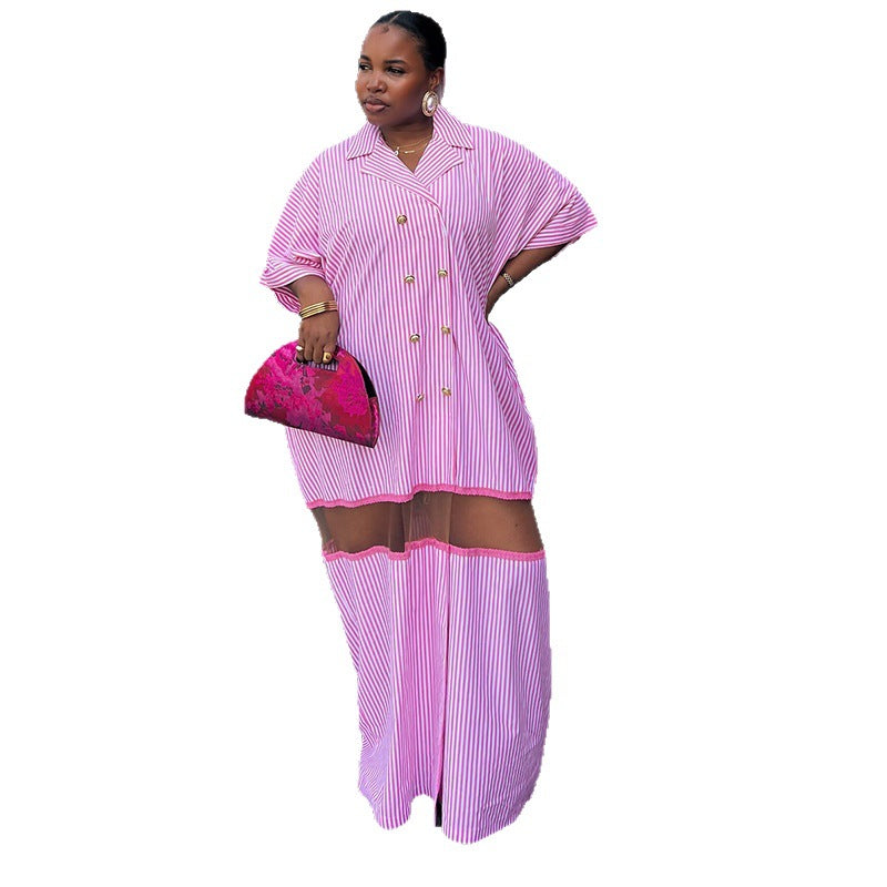 European and american cross-border women's fashion:  autumn new arrival - stylish turn-down collar pink striped double-breasted loose-fit shirt dress
