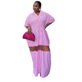 European and american cross-border women's fashion:  autumn new arrival - stylish turn-down collar pink striped double-breasted loose-fit shirt dress