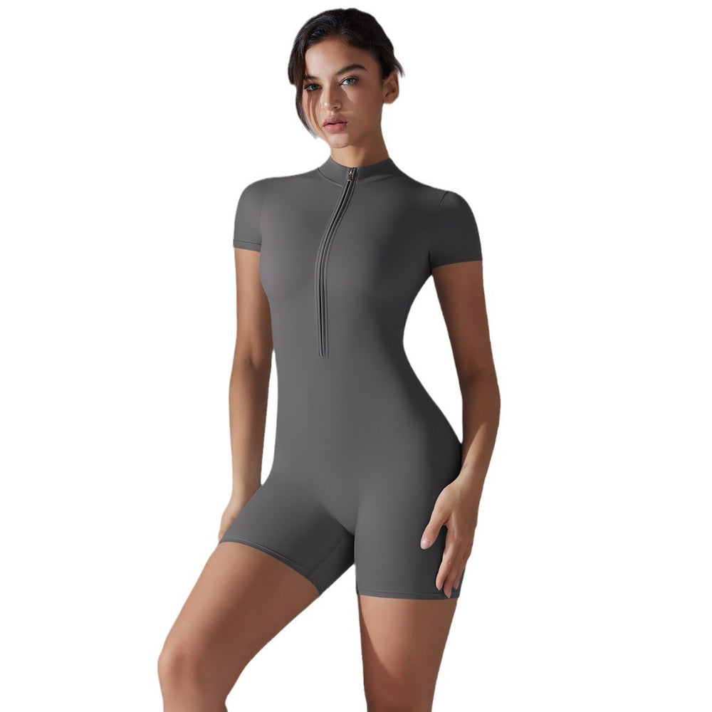 Naked all-in-one style yoga clothes half-open zipper short-sleeved fitness jumpsuit tight sports jumpsuit processing personalized