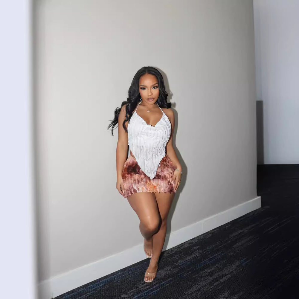 European and american style women's  spring new sexy sleeveless halter neck tie-up cutout top and bodycon mini skirt set
