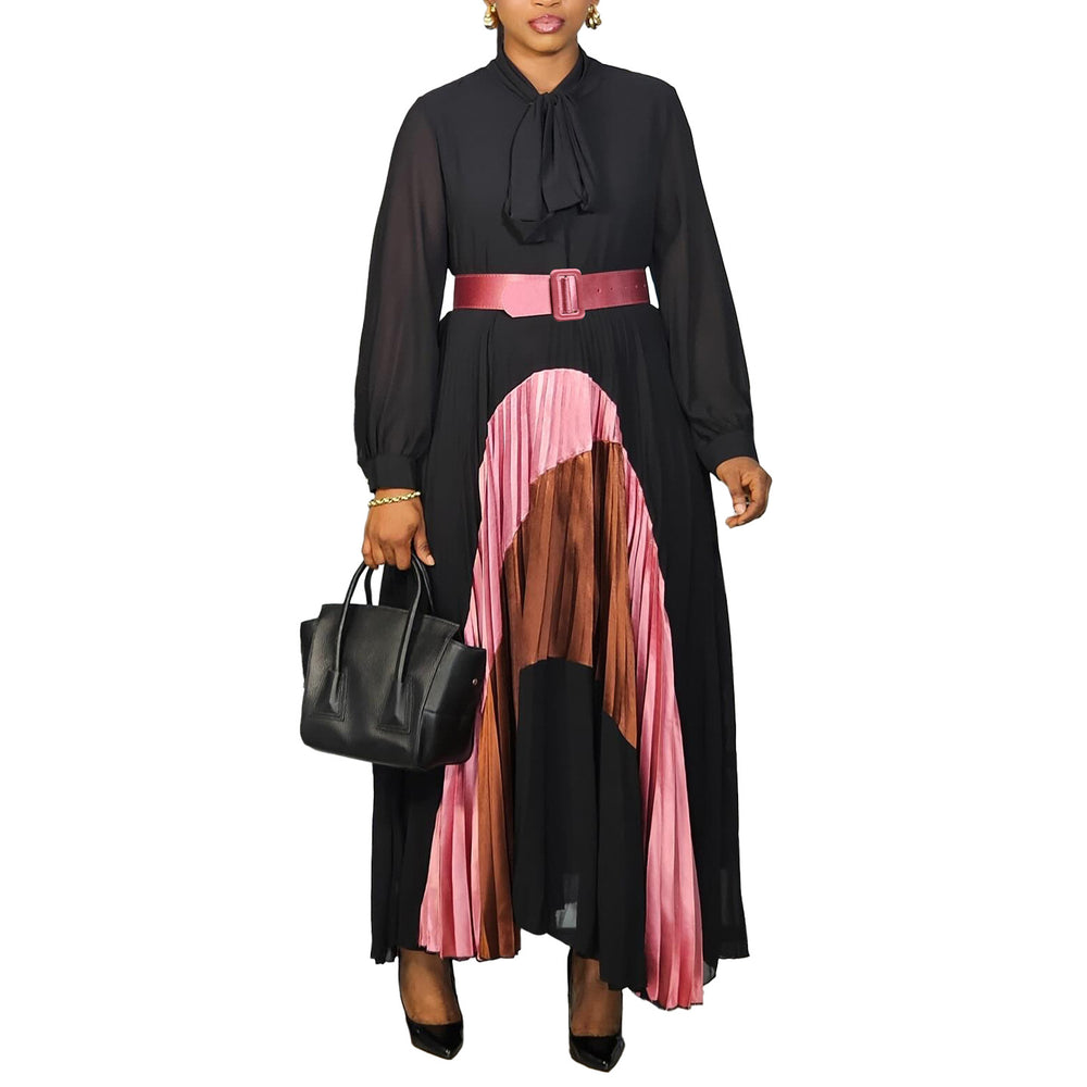 C8623 women's foreign trade new fashion tie-up color block pleated skirt elegant plus size european and american dress
