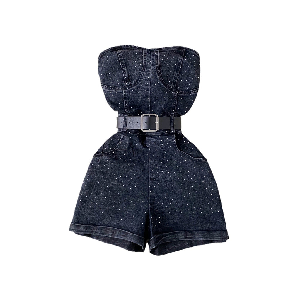 This year's trendy look for petite women: stylish, high-waisted, slim-fit, sleeveless, strapless jumpsuit with hot-fix rhinestone embellishments