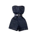 This year's trendy look for petite women: stylish, high-waisted, slim-fit, sleeveless, strapless jumpsuit with hot-fix rhinestone embellishments