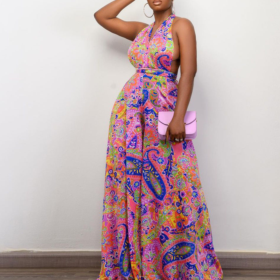 C8487 cross-border women's clothing  new european and american printing halter multi-wear beach african large size foreign trade jumpsuit