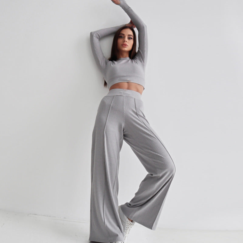 European and american cross-border women's fashion:  autumn new collection - stylish and elegant ribbed long-sleeve cropped top and wide-leg pants two-piece set