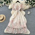 French romantic style heavy lace print dress - women's summer short sleeve high-end slimming waist vacation dress