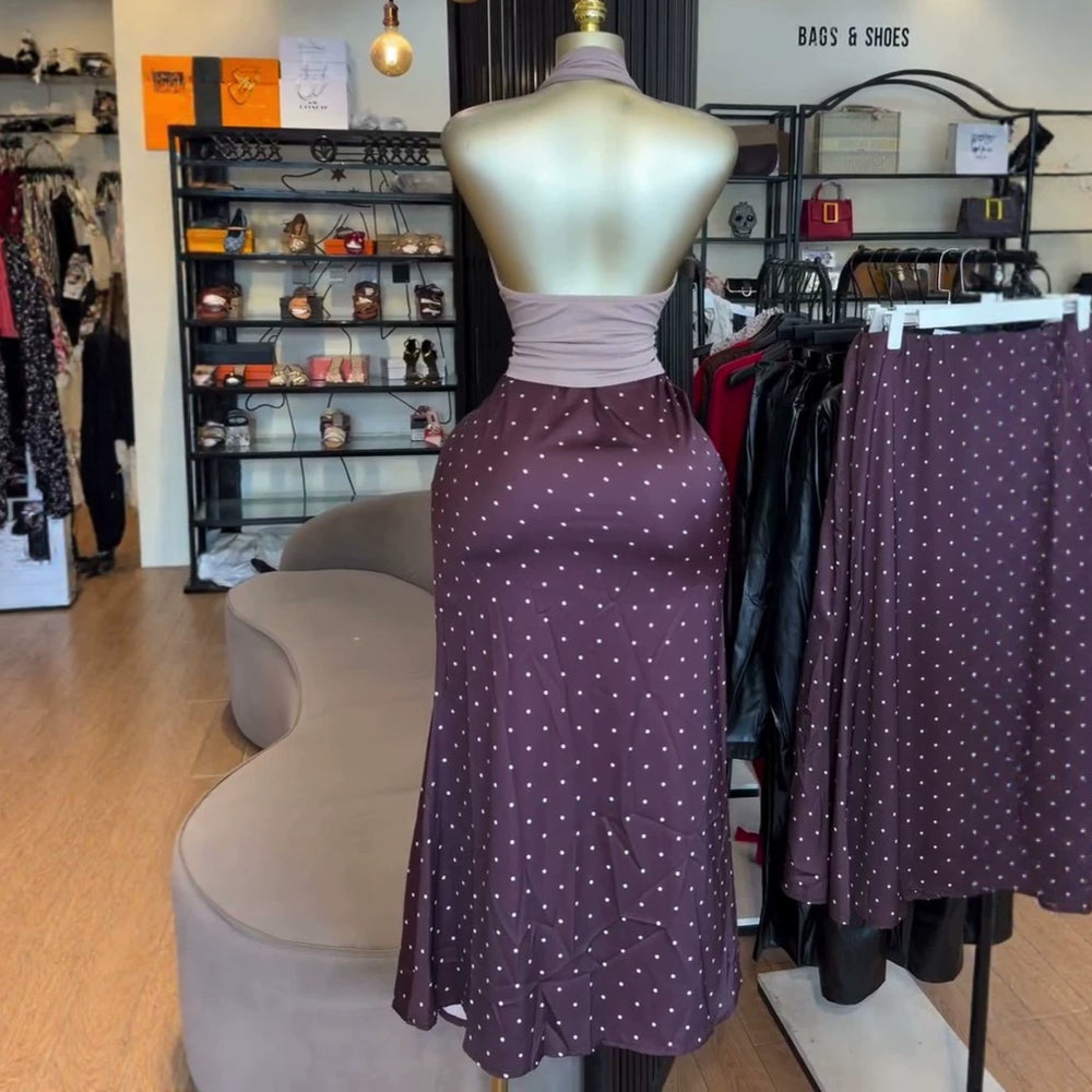 European and american cross-border women's fashion:  summer new arrival - elegant v-neck sleeveless top with polka dot midi skirt set