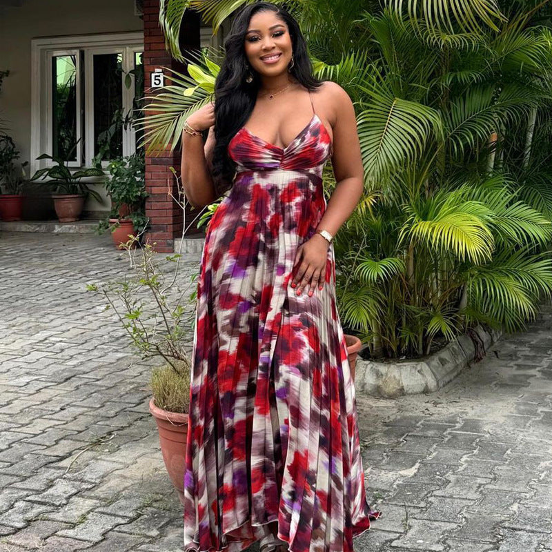 Spot   African printing pleated suspender long dress  European and American large size sexy dress women