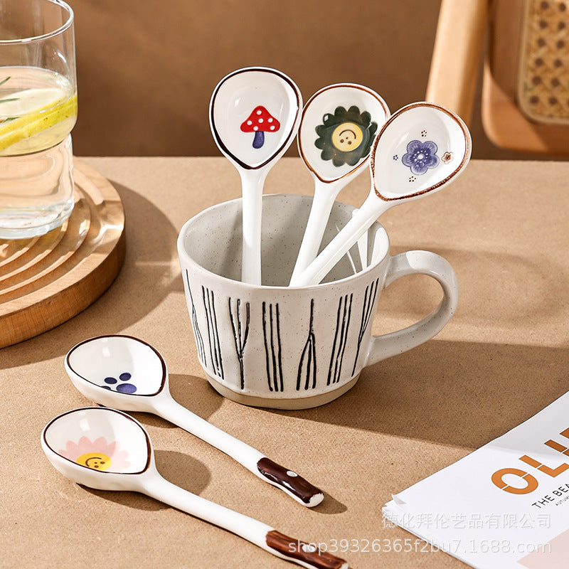 Japanese ceramic long-handled spoon - hand-painted cute creative cartoon dessert spoon - household ramen spoon - soup spoon