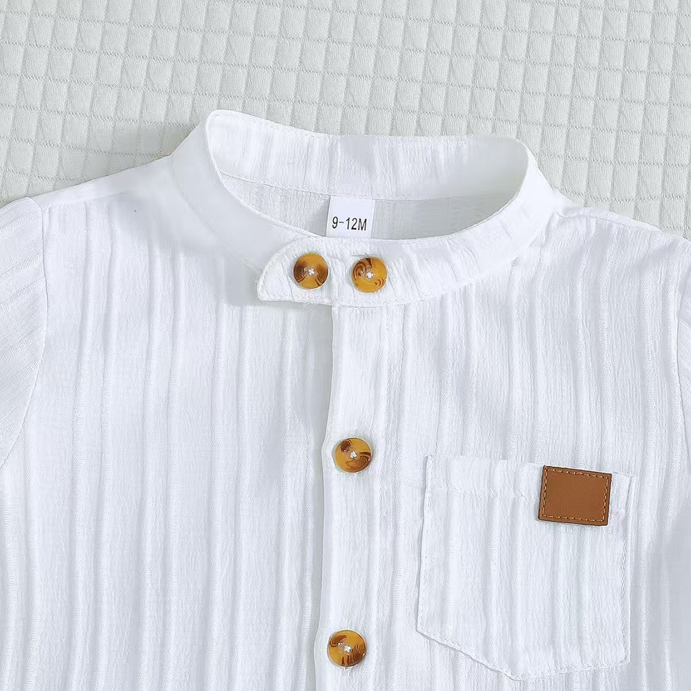 Children's clothingwhite vertical stripes short-sleeved shirt + khaki shorts two-piece set shirt