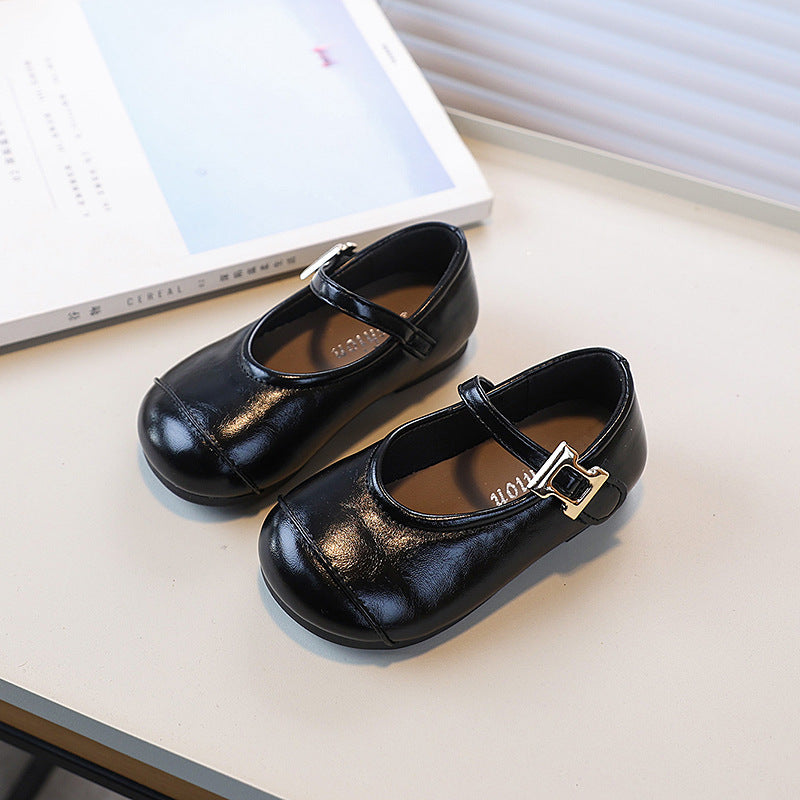 Vancahao girls' black leather shoes,  spring/autumn new korean style, kids' fashionable flats, toddler shoes