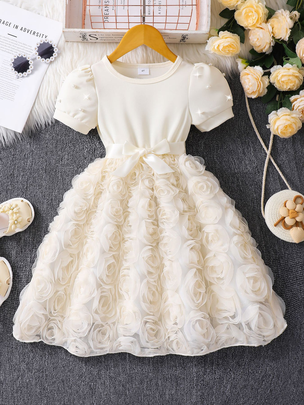 Girls' dress for toddlers and young children, pearl-embellished short-sleeve rose dress