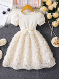 Girls' dress for toddlers and young children, pearl-embellished short-sleeve rose dress