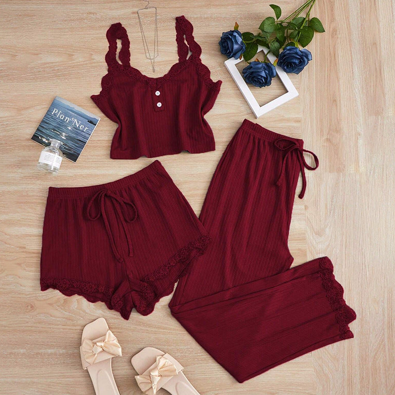 cross-border hot seller: new summer lace trim cami top, shorts, and long-sleeve women's pajama three-piece set - perfect for loungewear or light outings
