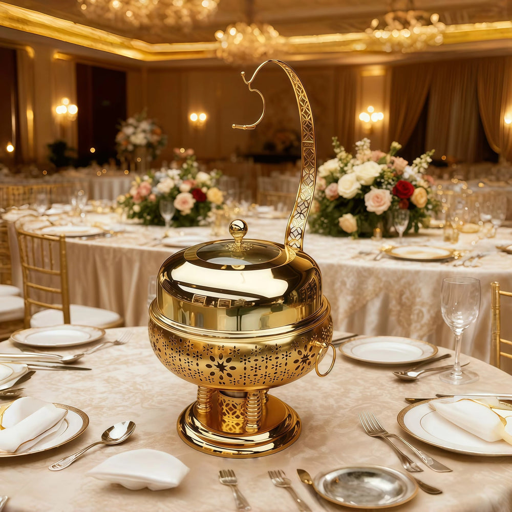 Gold round stainless steel buffet warmer - alcohol-fired buffet stove - ideal for hotels and restaurants