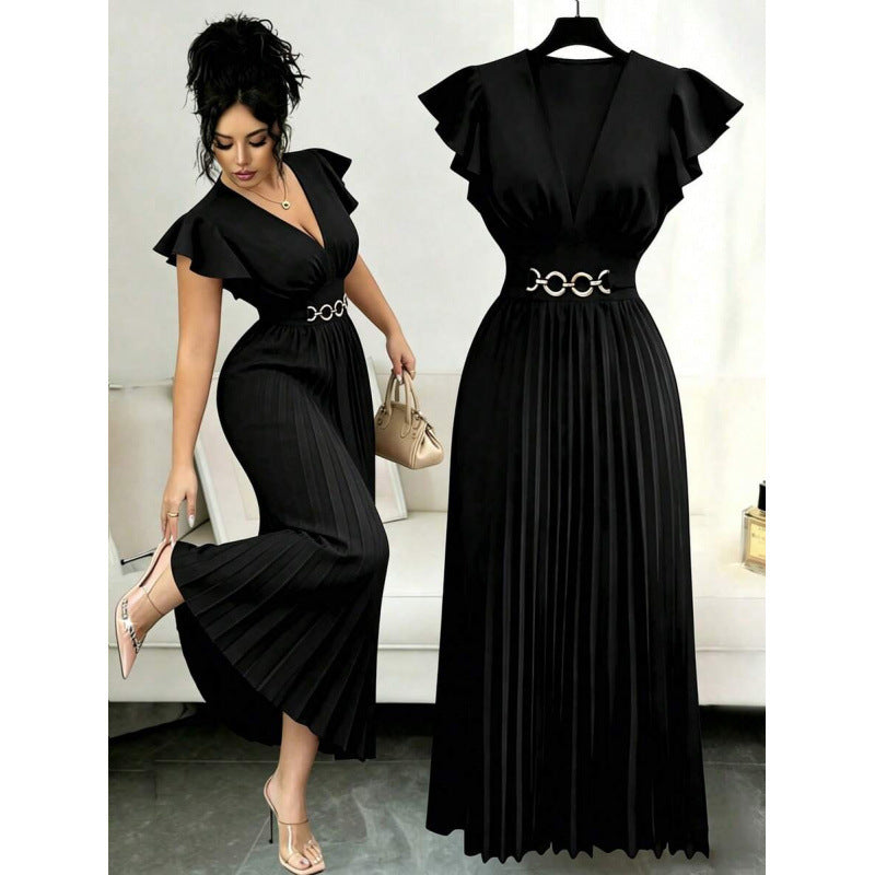 Amazon fashion  summer deep v neck ruffles sleeve pleated design waist elegantdress women