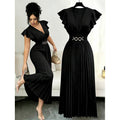 Amazon fashion  summer deep v neck ruffles sleeve pleated design waist elegantdress women
