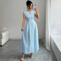 european and american cross-border summer new arrival: light blue pleated sleeveless a-line maxi dress - commute chic & elegant