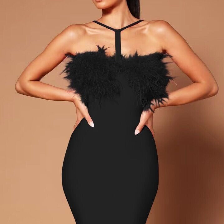 cross-border fashion: european & american style halter neck feather trim bodycon mini dress - party gown for women (export)