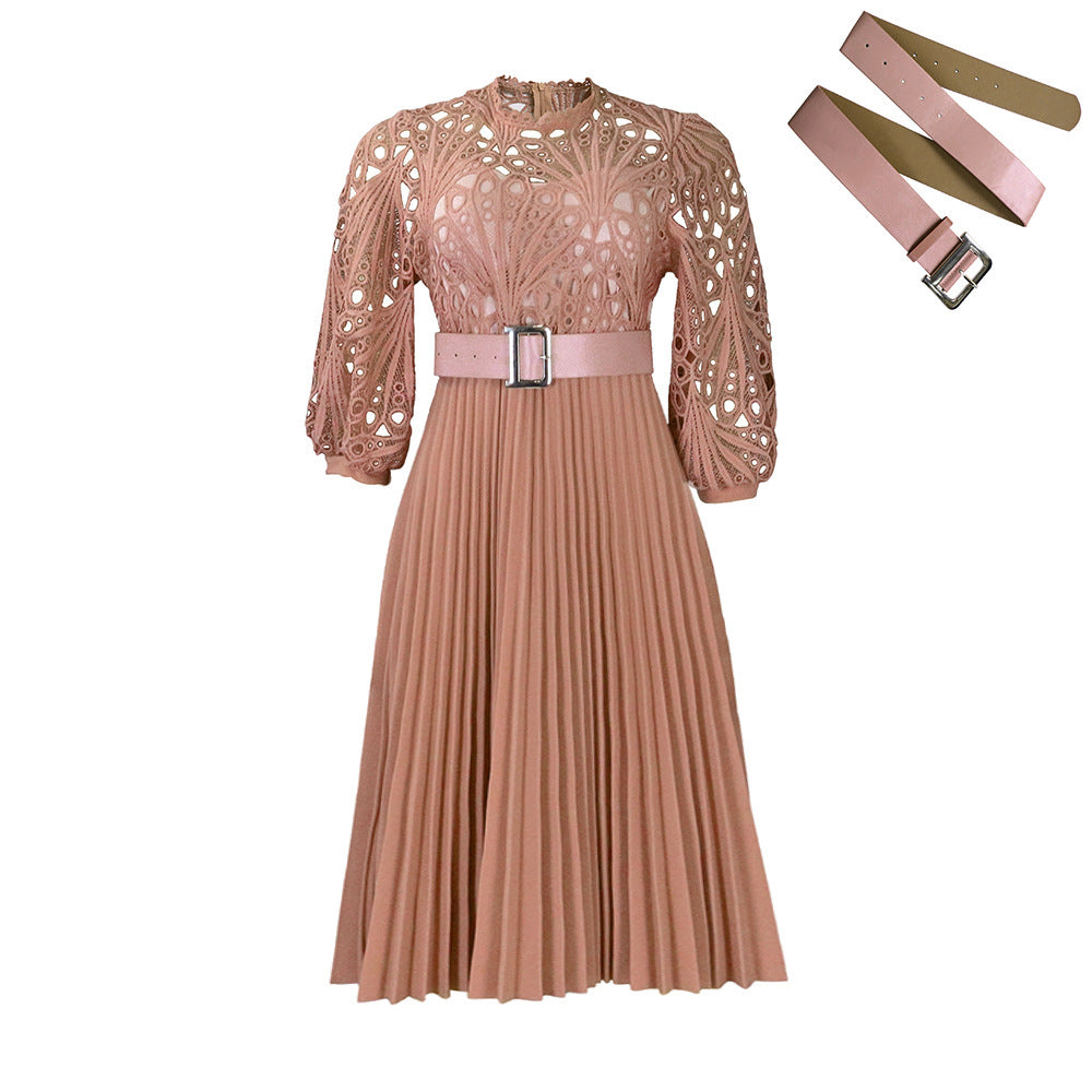 C8595 european and american export women's clothing  new arrival elegant solid color lace crochet hollow-out pleated cross-border dress