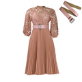 C8595 european and american export women's clothing  new arrival elegant solid color lace crochet hollow-out pleated cross-border dress