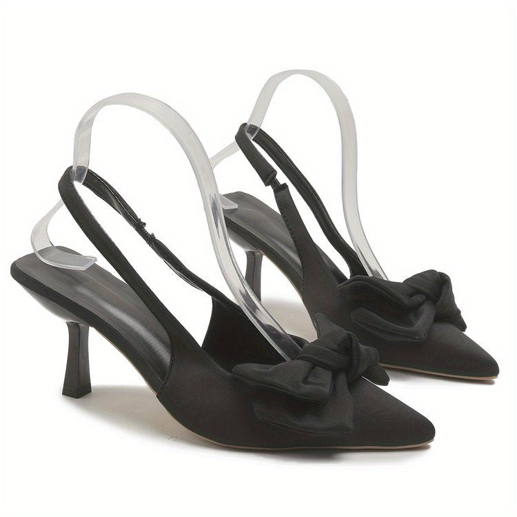 French retro satin bow pointed-toe high heels - ankle strap stiletto heels for work and banquets - cross-border exclusive