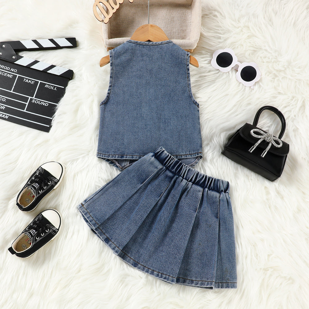 European and american cross-border children's wear: girls' summer denim vest top and pleated skirt two-piece set for toddlers and young children