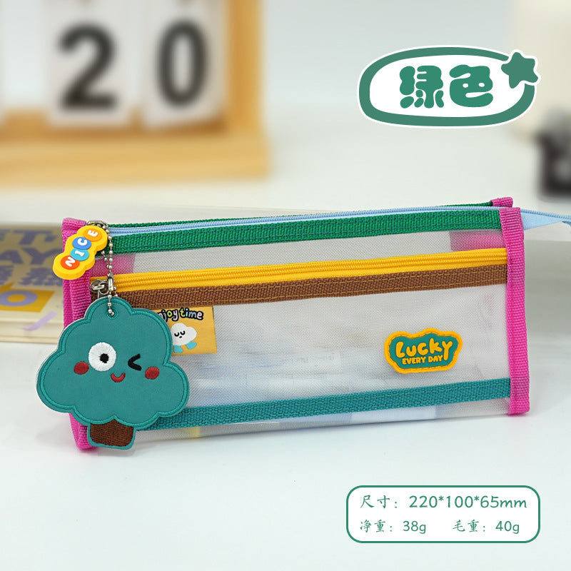 New cute fun contrasting color transparent stationery bag large capacity pencil bag high value simple primary and secondary school student stationery mesh bag