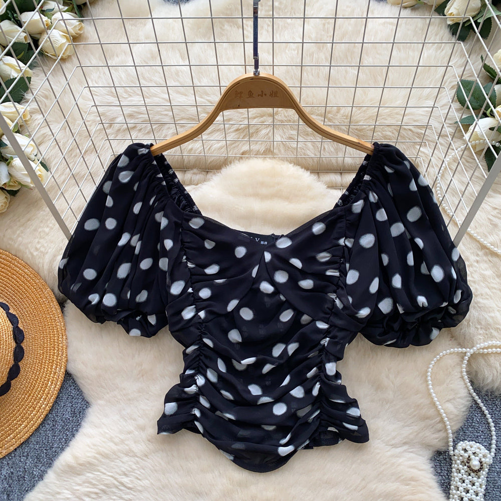 Korean style polka dot puff sleeve chiffon blouse - women's summer design, breathable, skin-friendly, ruched cropped top, commute chic