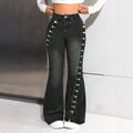 Fashionjeans women's side-breasted slit slightly flared pants dark blue washed elastic silm showing leg length hot girl pants