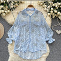 Light mature fashion heavy industry butterfly hot diamond thin long sleevesshirt women's looseslimming lookcasual single-breasted chiffon tops