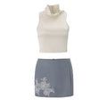European and american women's clothing  summer new slim-fit cropped turtleneck satin crop top embroidered bodycon skirt set