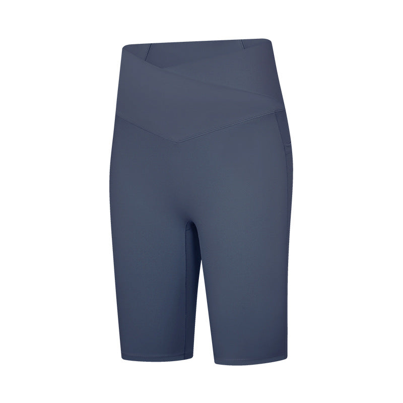 European and american style cross-waist athletic leggings for women, double side pockets, seamless (no t-line), high-elasticity, butt-lifting, 5-inch yoga pants dk197