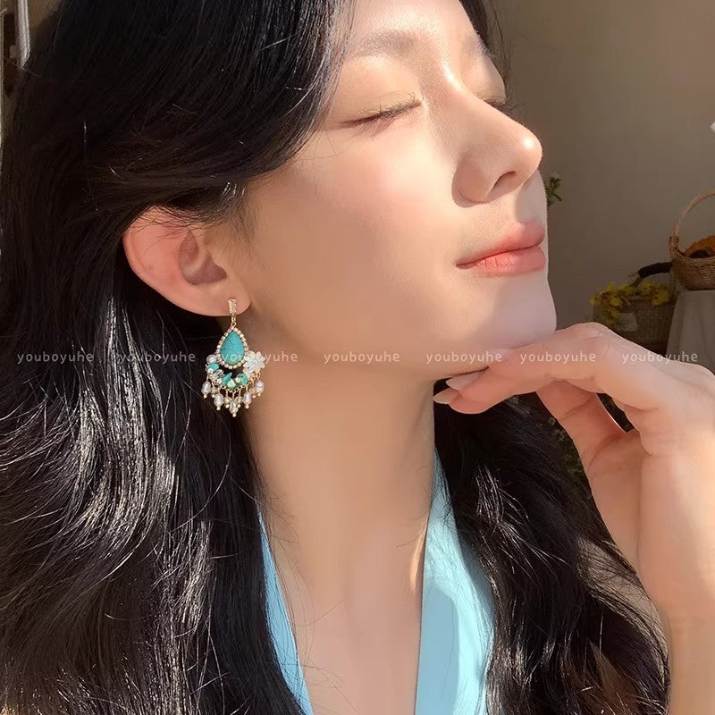 Spring ethnic style turquoise flower tassel earrings for women niche styleclassyelegant earrings seaside vacation earrings