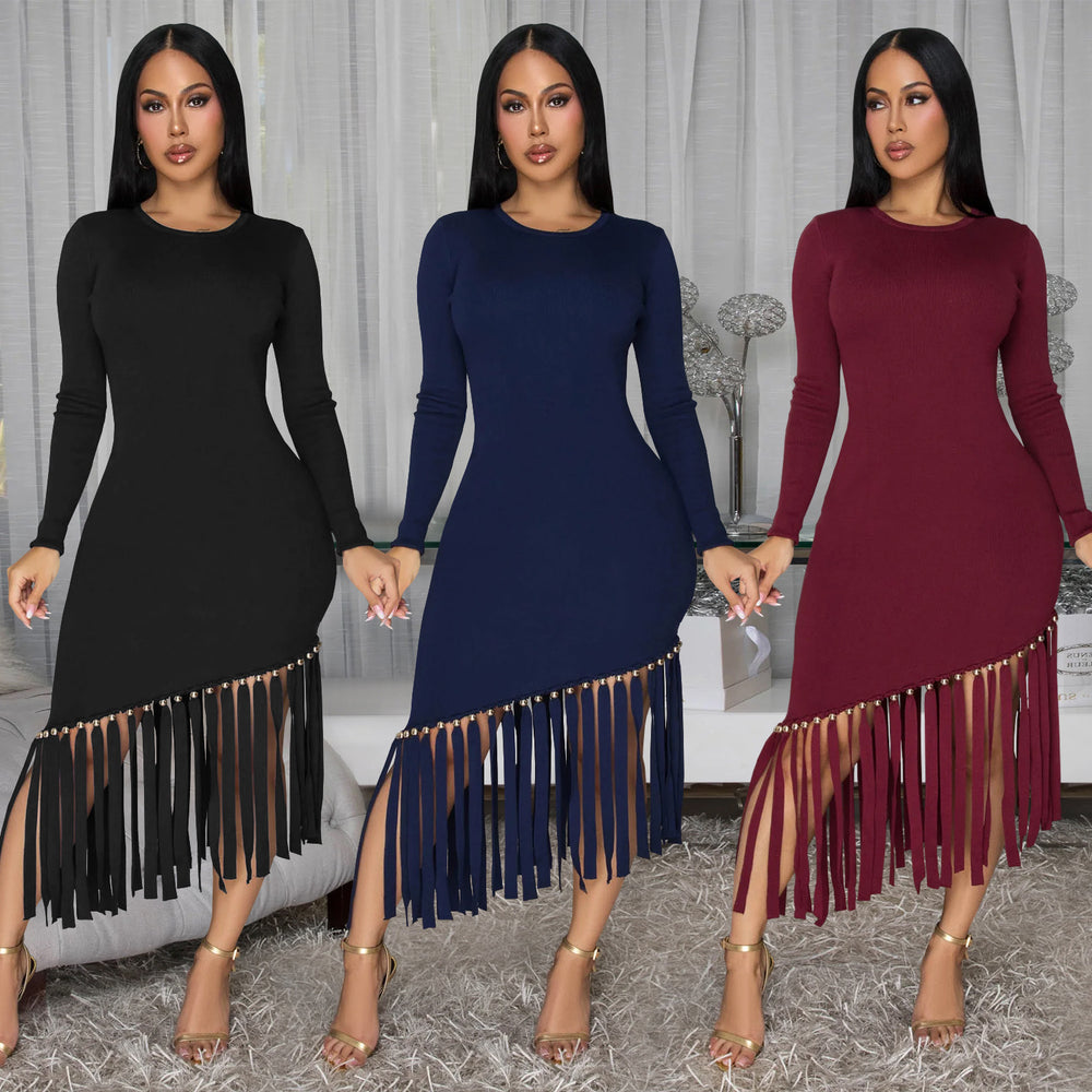 C7533 cross-border   fashion women's slim-fit solid color crew neck tassel hem dress