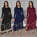 C7533 cross-border   fashion women's slim-fit solid color crew neck tassel hem dress