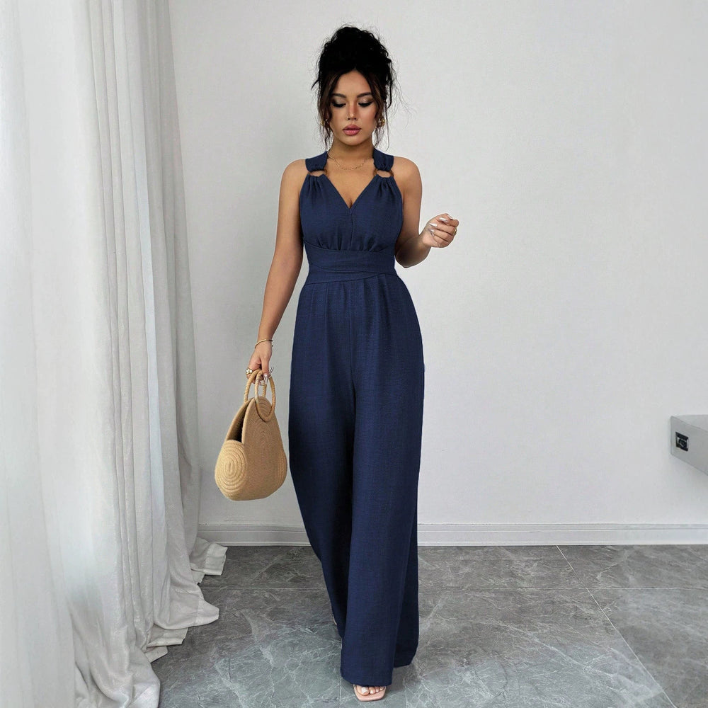 women's halterv neckbackless jumpsuit waist tie backloose pantswork clothingcasualslimming look jumpsuit