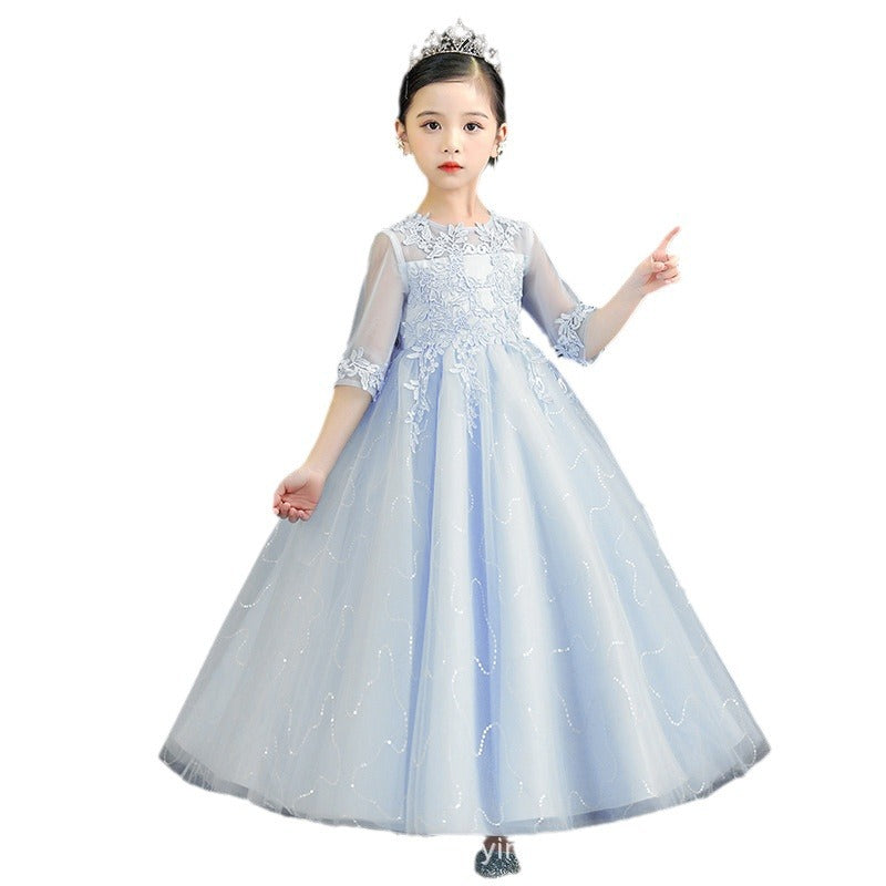 Hot-selling lace girls' dresses: new 3/4 sleeve princess dresses for girls, perfect for performances (sizes for mid-to-large children)