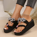 K-styleexportplus size rhinestone bowsthick sole slippers women's beach wedge heel flip-flop toe sandals slippers