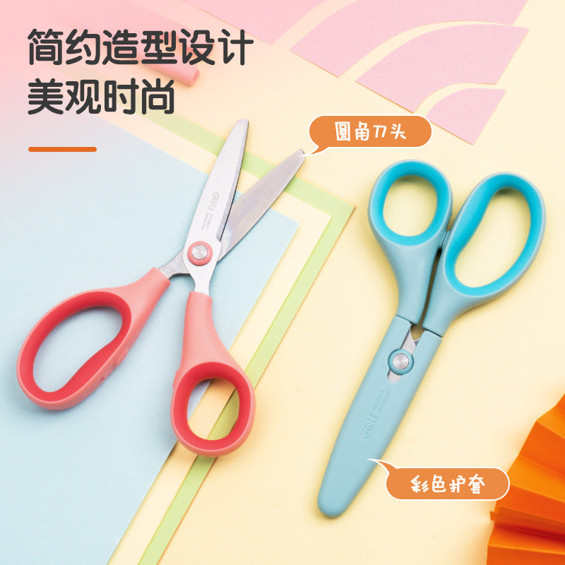 Deli 6074 child safety scissors student scissors with sheath curved cutting edge paper DIY handmade portable scissors