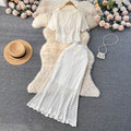Korean ins style cut out crochet lace short-sleeved suit skirt women's shorttops+mermaid half length skirttwo-piece set trendy