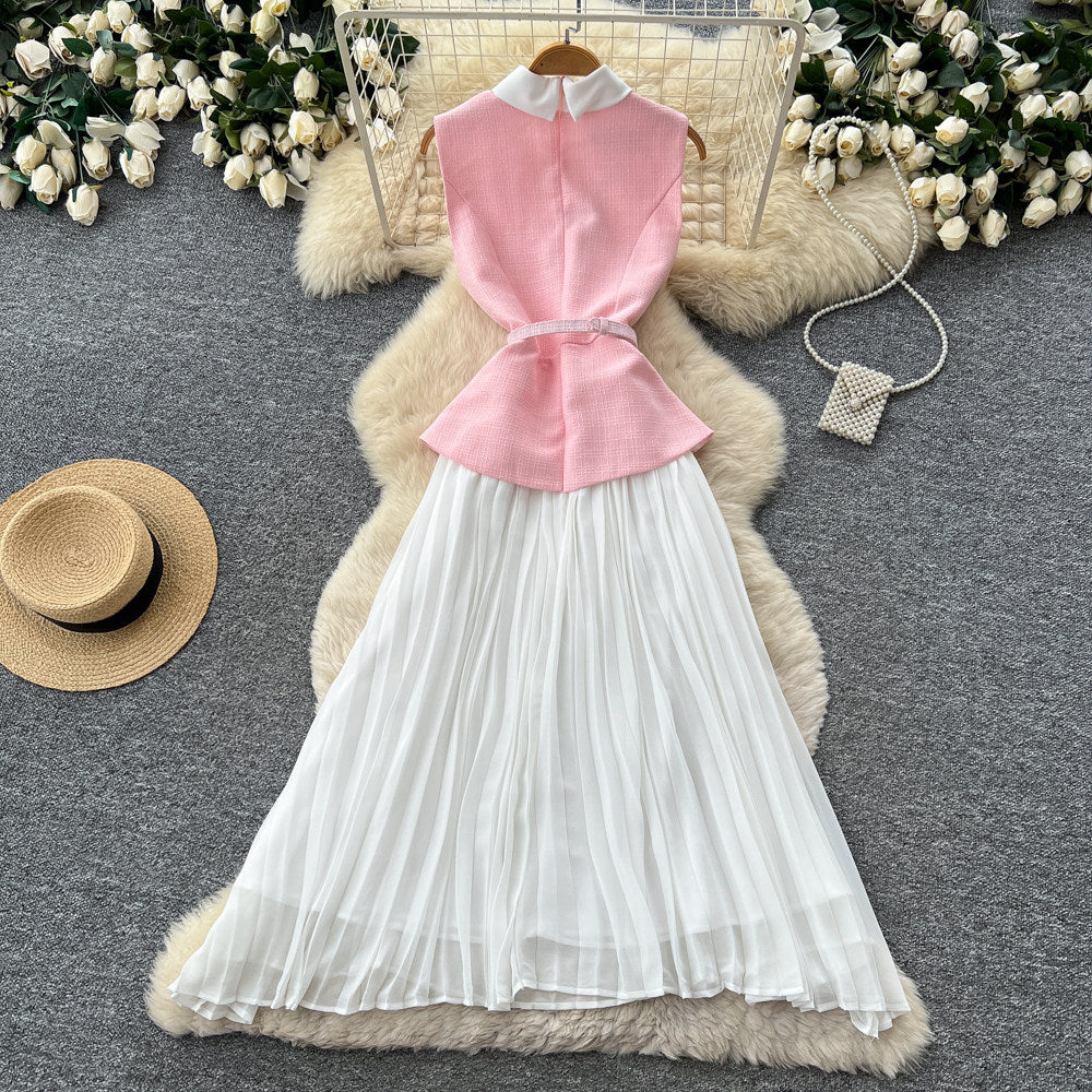 French chic sleeveless notch collar dress - women's summer korean style high waist pleated patchwork maxi dress - elegant and graceful