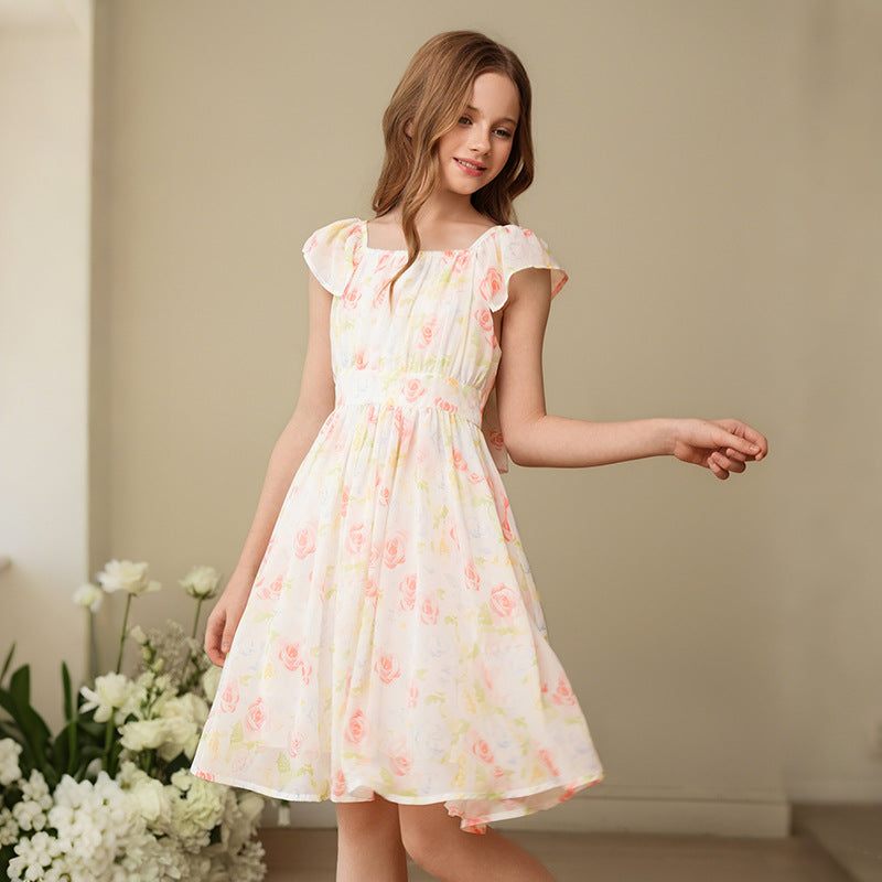 New girls' floral print dress - princess style, ruched waist, slim fit, fashionable kids' dress, beach dress