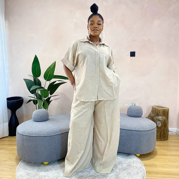 African new fashion irregular women's clothing set solid color cardigan shirt casual trousers European and American foreign style two-piece set
